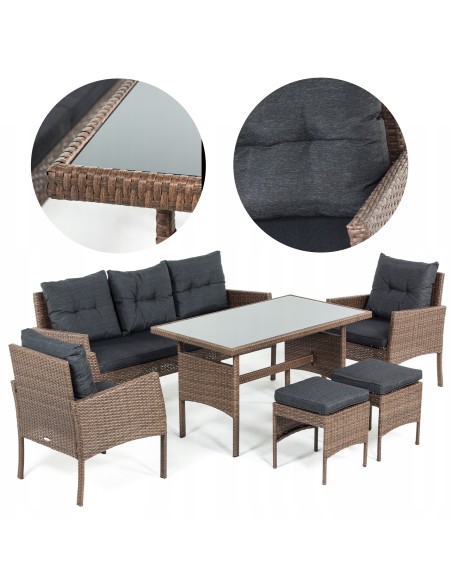 Technorattanowy komplet mebli Meven 2 x fotel + 2 x pufa + sofa + stół 5902490785304