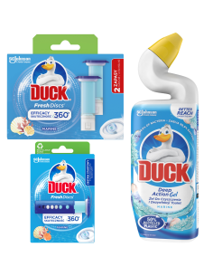 Praktyczny zestaw do czyszczenia toalety Duck o zapachu morskim - Krążki żelowe + Zapas + Żel czyszczący 5000204338959
