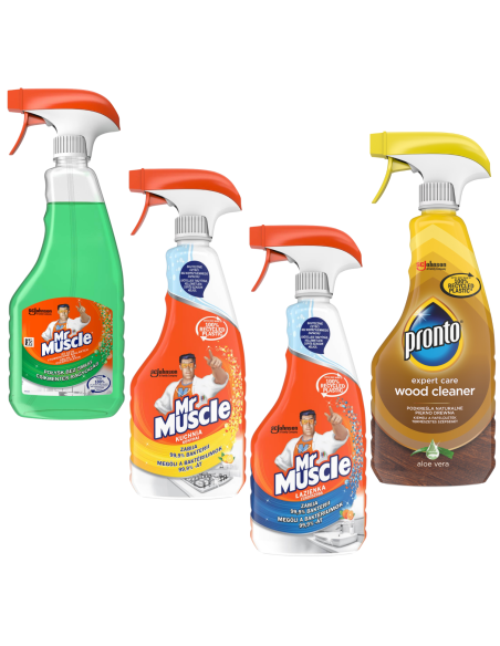 Wielofunkcyjny zestaw płynów do czyszczenia i dezynfekcji Mr Muscle kuchnia + łazienka + szyby + Pronto Wood Cleaner 5000204183108