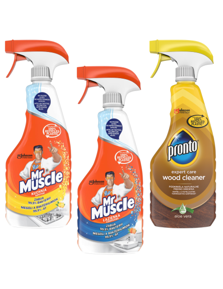 Funkcjonalny zestaw płynów do czyszczenia i dezynfekcji Mr Muscle kuchnia 500 ml + łazienka 500 ml + Pronto Wood Cleaner 500 ml 5000204183108