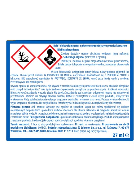 Ochronny elektrofumigator z płynem owadobójczym przeciw komarom Raid wtyczka + wkład 5000204161847 8