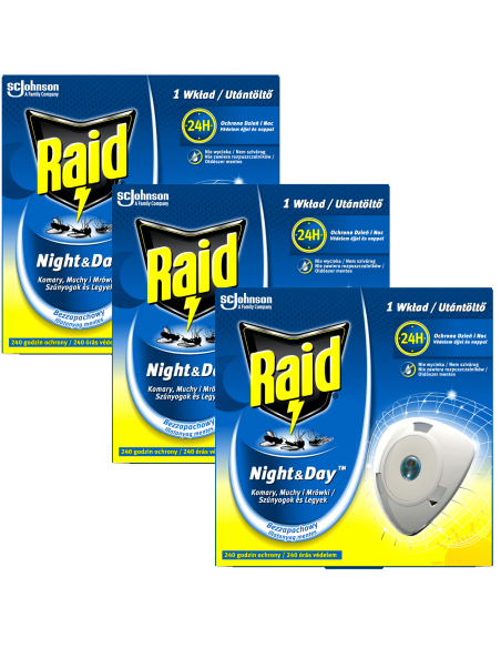 Innowacyjne wkłady do elektrofumigatora owadobójczego przeciw muchom, komarom i mrówkom Raid Night & Day 3 szt. 5905718981274