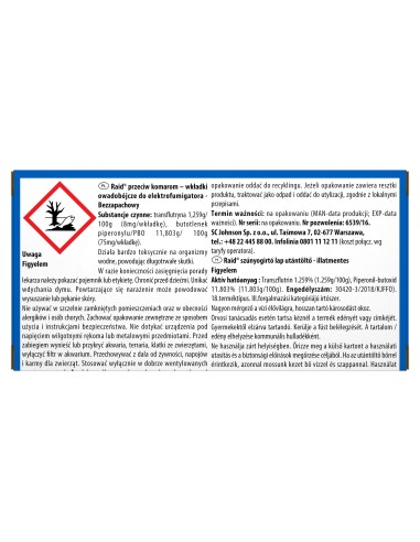 Długotrwałe wkładki owadobójcze do elektrofumigatora Raid bezzapachowe, 3 x 30 szt. 5000204289237 5