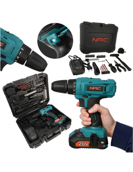 Wiertarko-wkrętarka akumulatorowa z zestawem narzędzi NAC CDB-1-LI-20V-TS 5905842520318 5