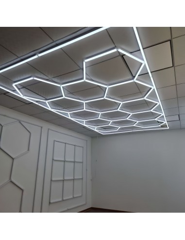 Modułowe oświetlenie sufitowe LED HEXAGON warsztatowe garażowe biurowe NAC-A0007H14R z ramą 2410×4800 mm, 6000 K  4