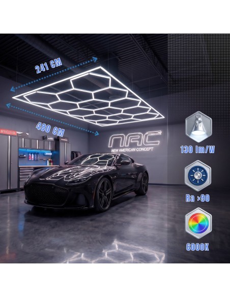Modułowe oświetlenie sufitowe LED HEXAGON warsztatowe garażowe biurowe NAC-A0007H14R z ramą 2410×4800 mm, 6000 K  5